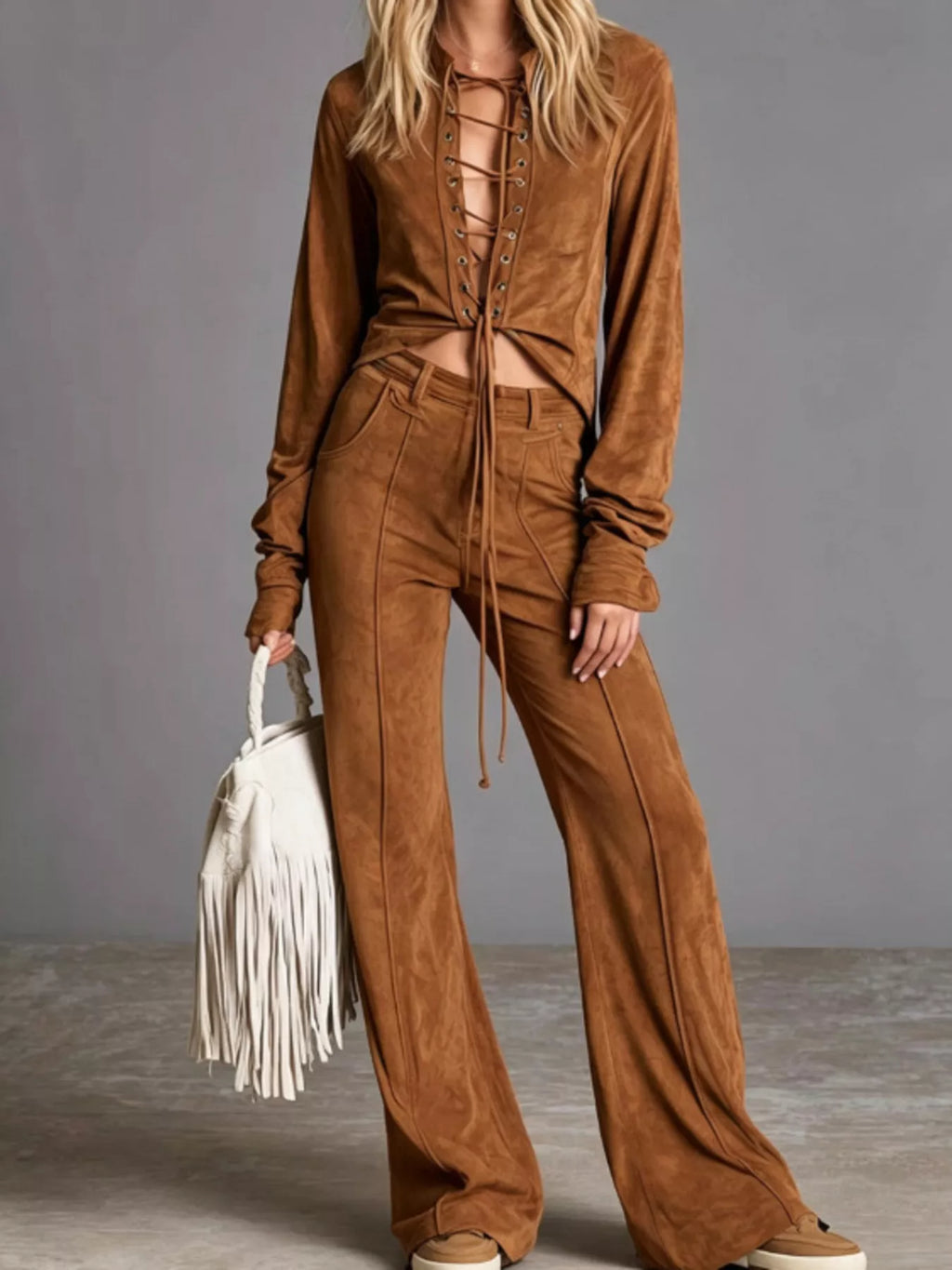 Full Size Lace-Up Long Sleeve Top and Wide-Leg Pants Set Plus Size
