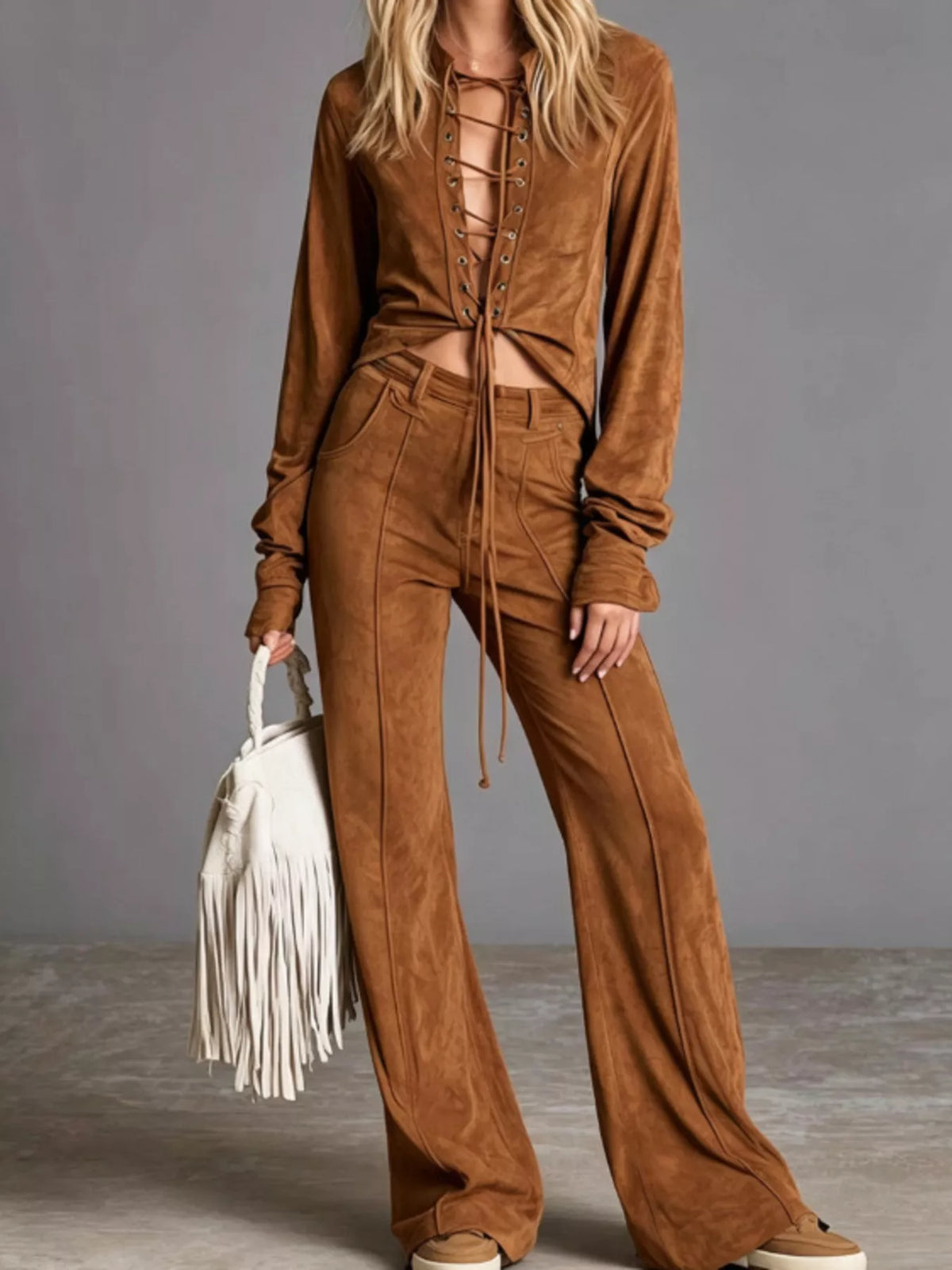 Full Size Lace-Up Long Sleeve Top and Wide-Leg Pants Set Plus Size