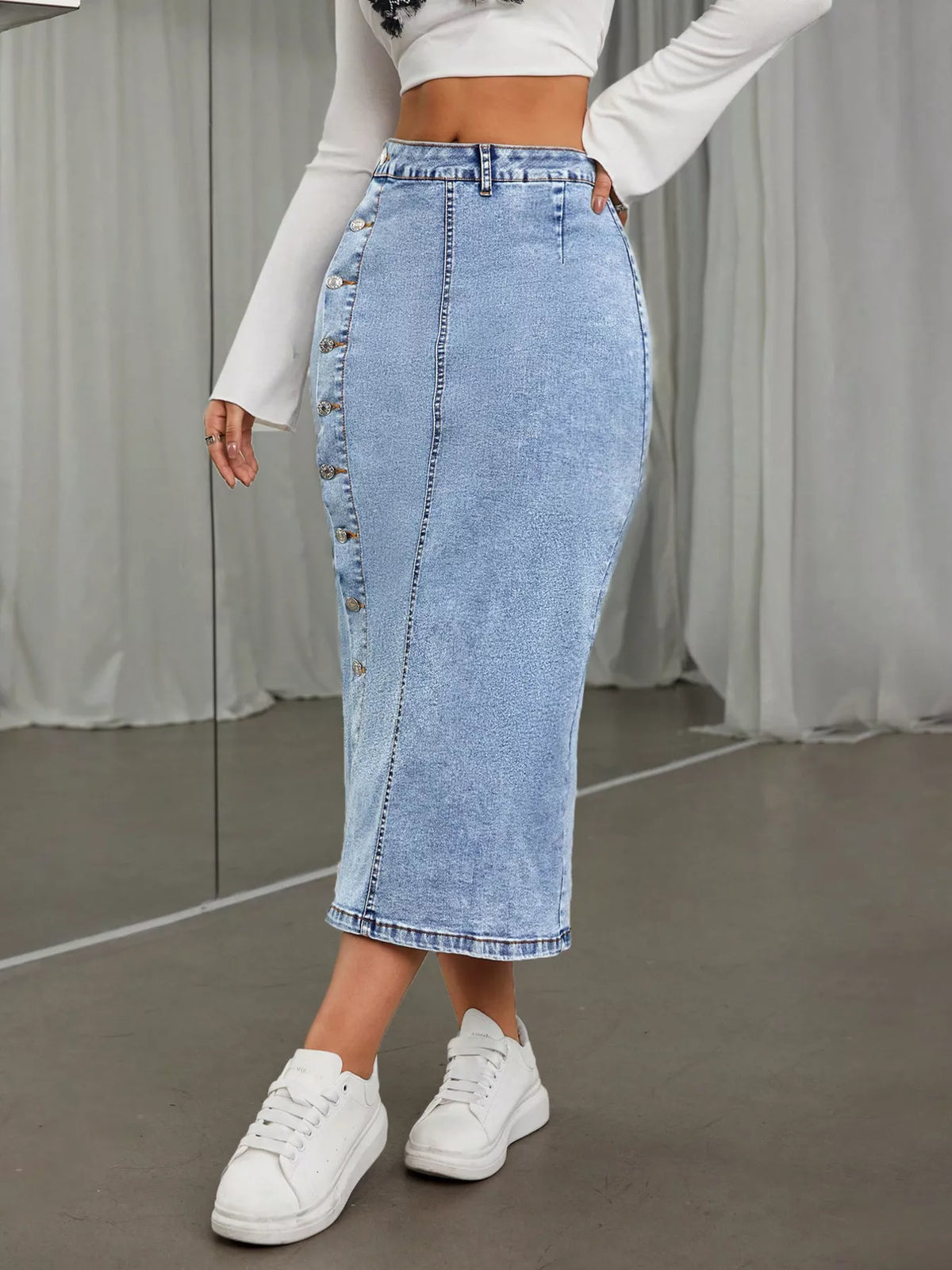Side Button Slit Denim Midi Skirt