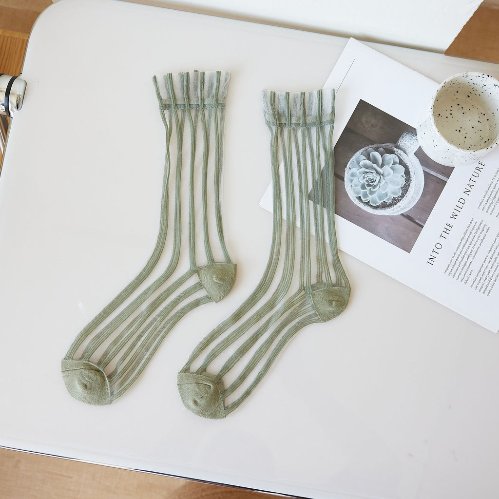Thin Mid-calf Solid-color Lace-up Socks For Women