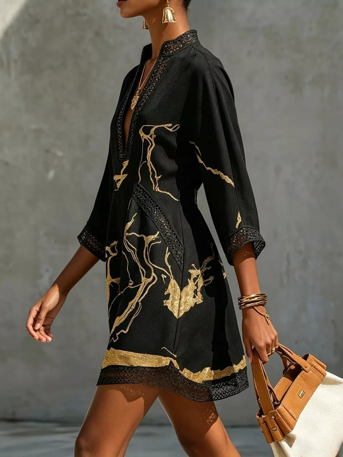 Notched 3/4 Sleeve Mini Dress