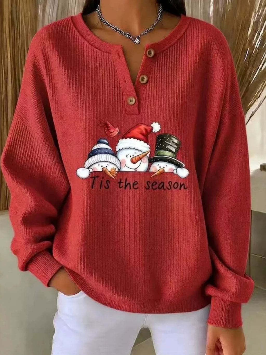 Full Size Christmas Themed Snowman Graphic Ribbed Henley Sweatshirt Plus Size