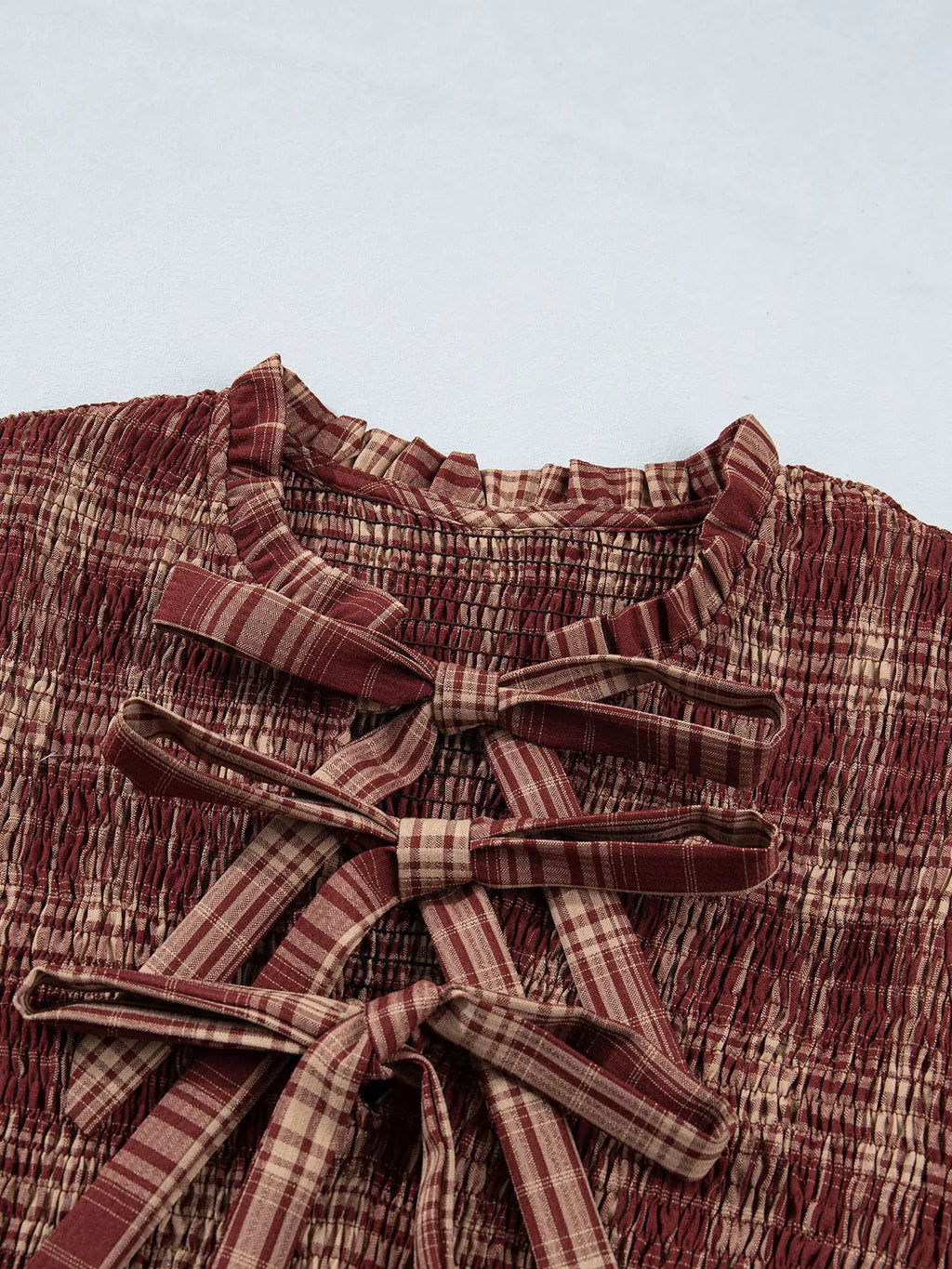 Plaid Knot Front Smocked High Waist Midi Dress
