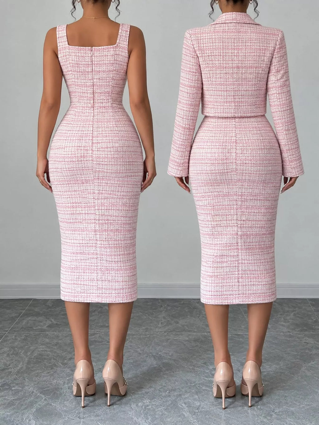 Tweed Square Neck Dress and Cardigan Set