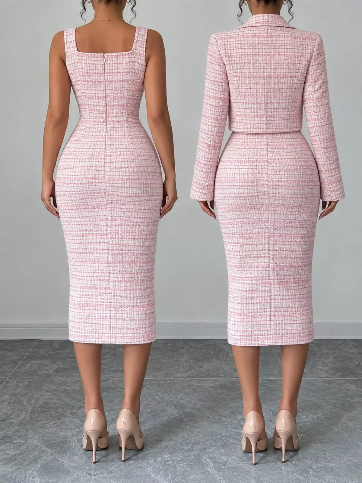 Tweed Square Neck Dress and Cardigan Set