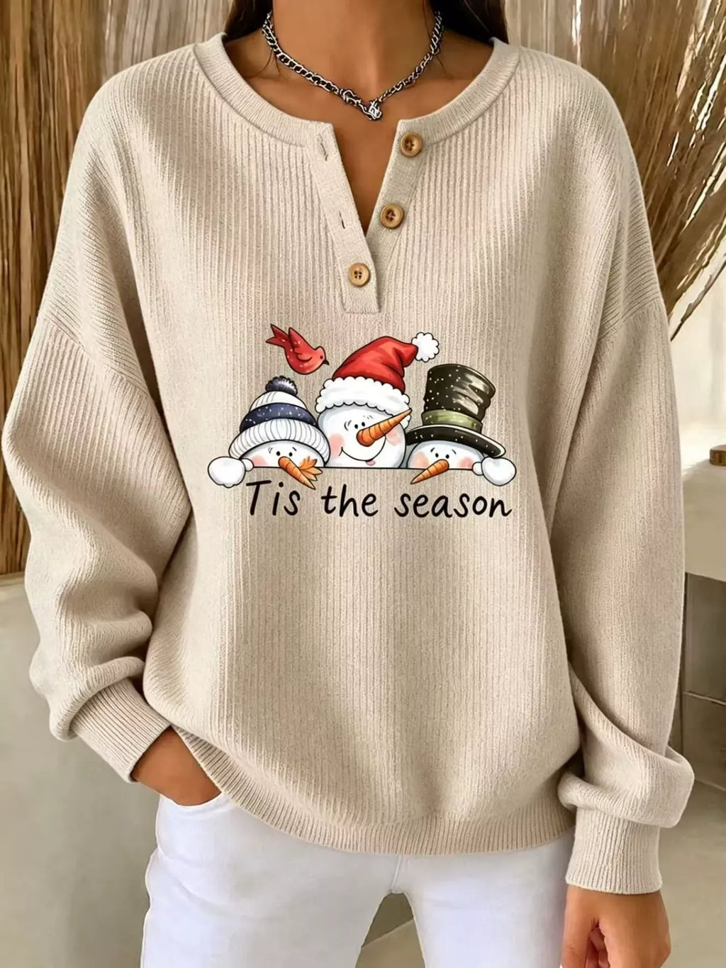 Full Size Christmas Themed Snowman Graphic Ribbed Henley Sweatshirt Plus Size