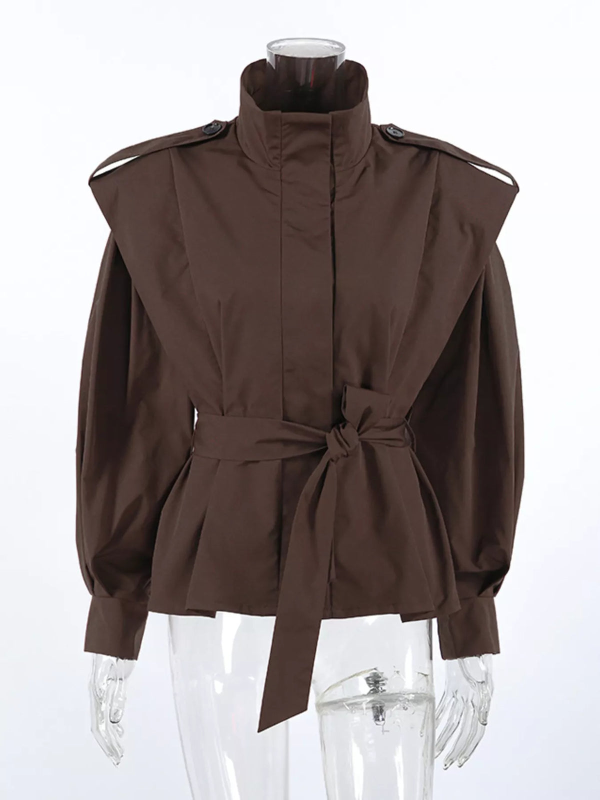 Stand-Collar Belted Outerwear
