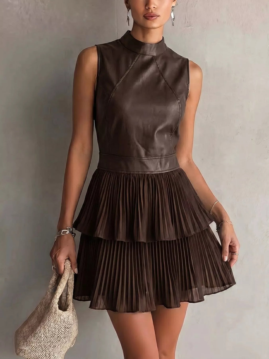 Sleeveless Faux Leather Layered Pleated Mini Dress