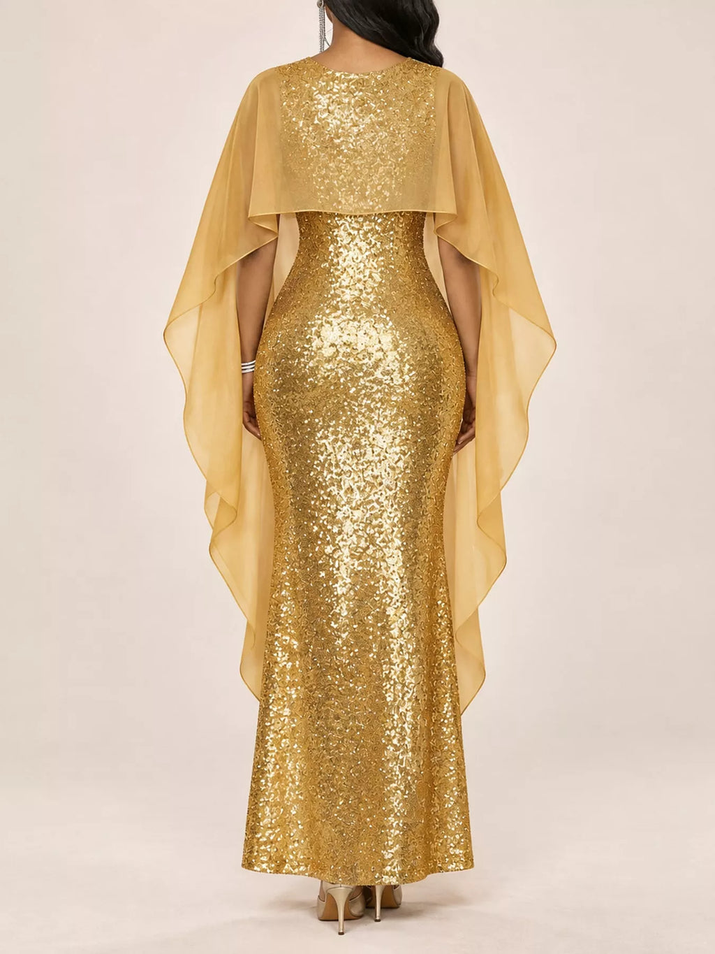 Sequin Cape Overlay Evening Dress