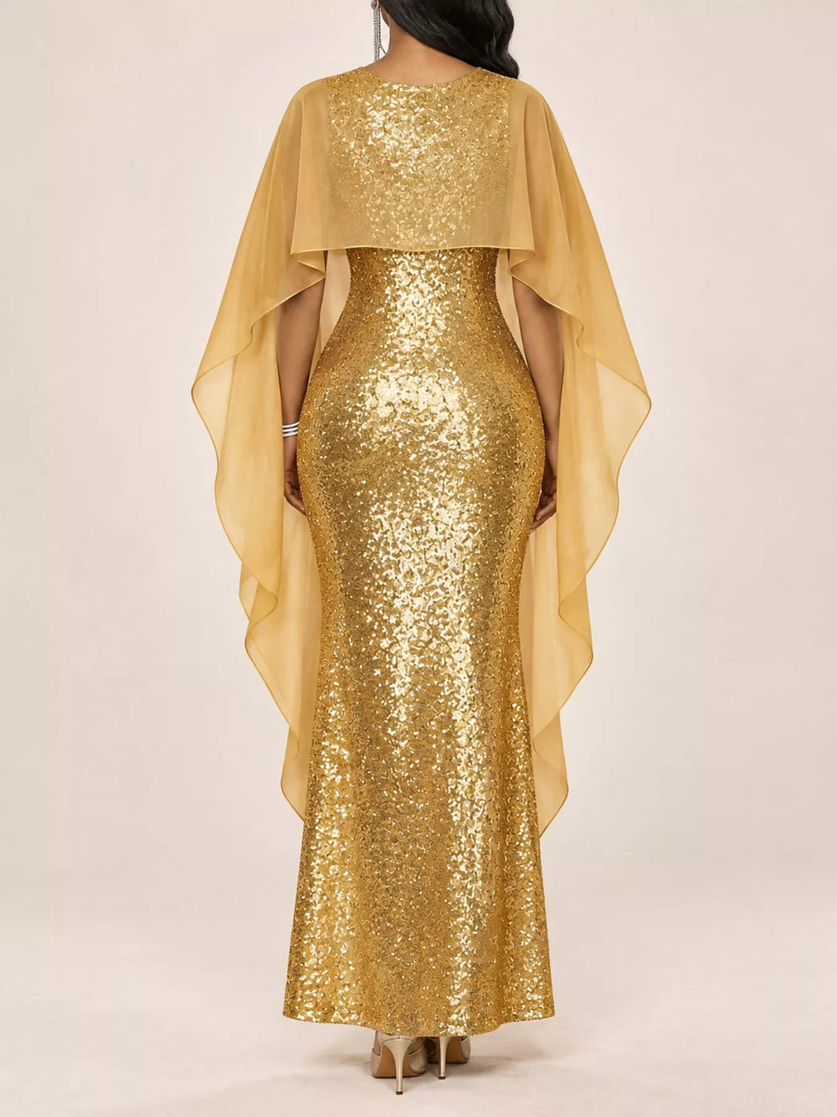 Sequin Cape Overlay Evening Dress