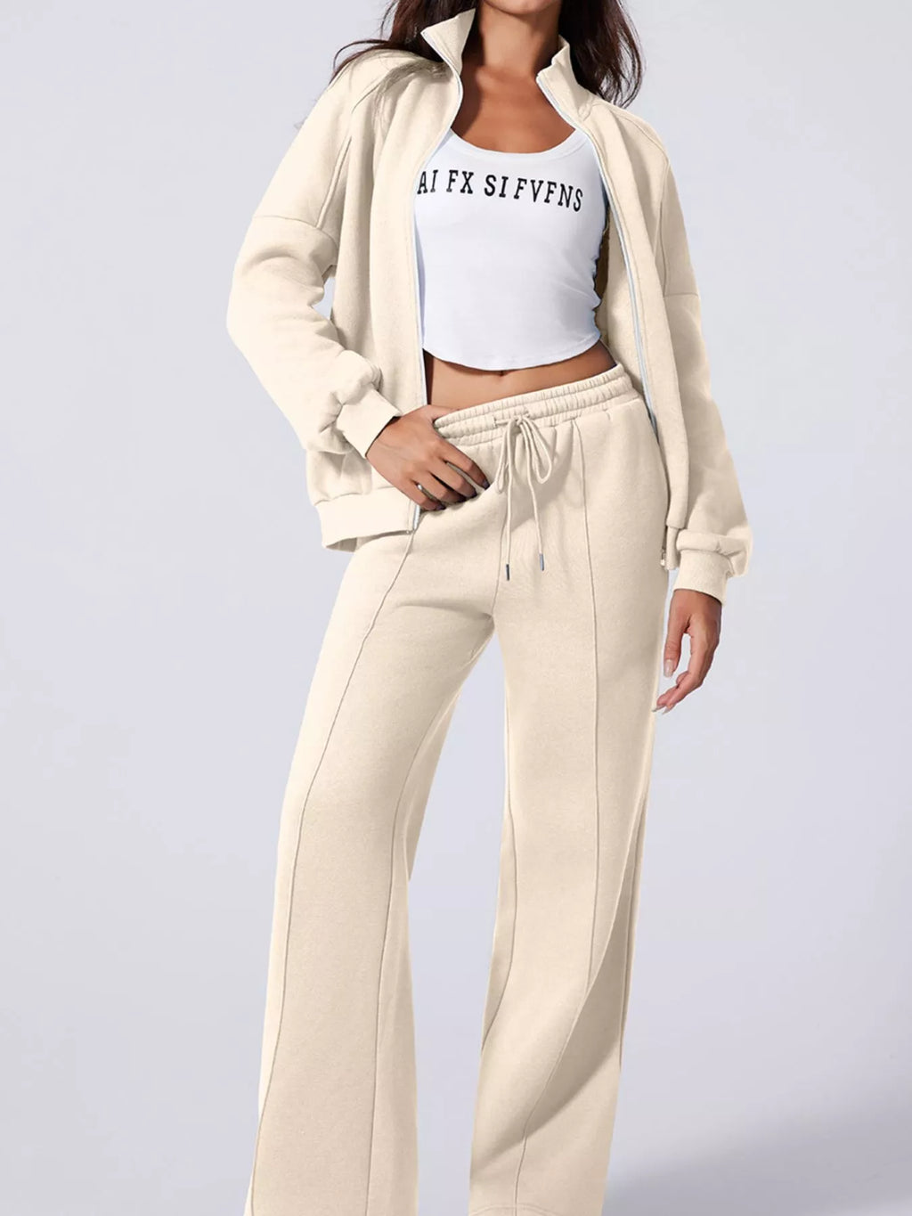 Drop Shoulder Zip-Up Jacket and Drawstring Pants Active Set