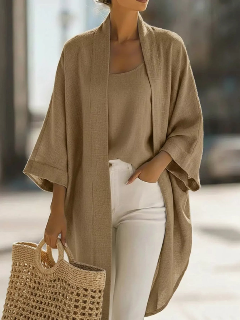 Full Size Open-Front Cardigan and Matching Tank Top Set Plus Size