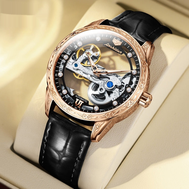 Openwork Mechanical Watch With Waterproof Leather Strap For Men