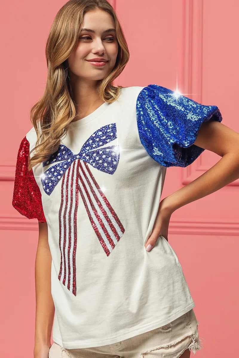 BiBi Sequin American Flag Bow Top