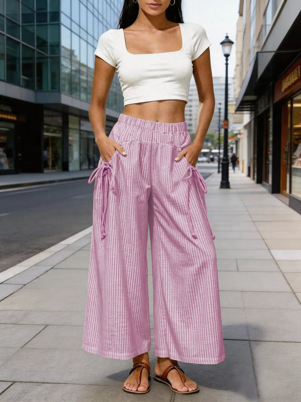 Full Size High-Waisted Striped Wide-Leg Pants Plus Size