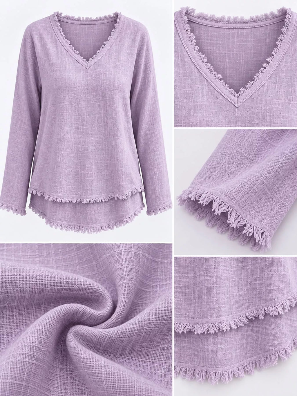 Full Size Frayed Hem V-Neck Long Sleeve Blouse Plus Size