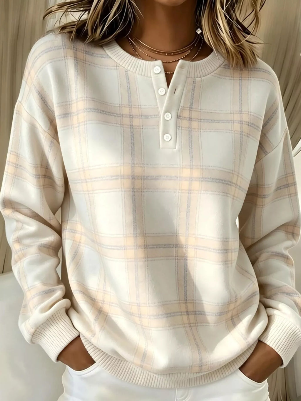 Full Size Plaid Button Detail Long Sleeve Sweatshirt Plus Size