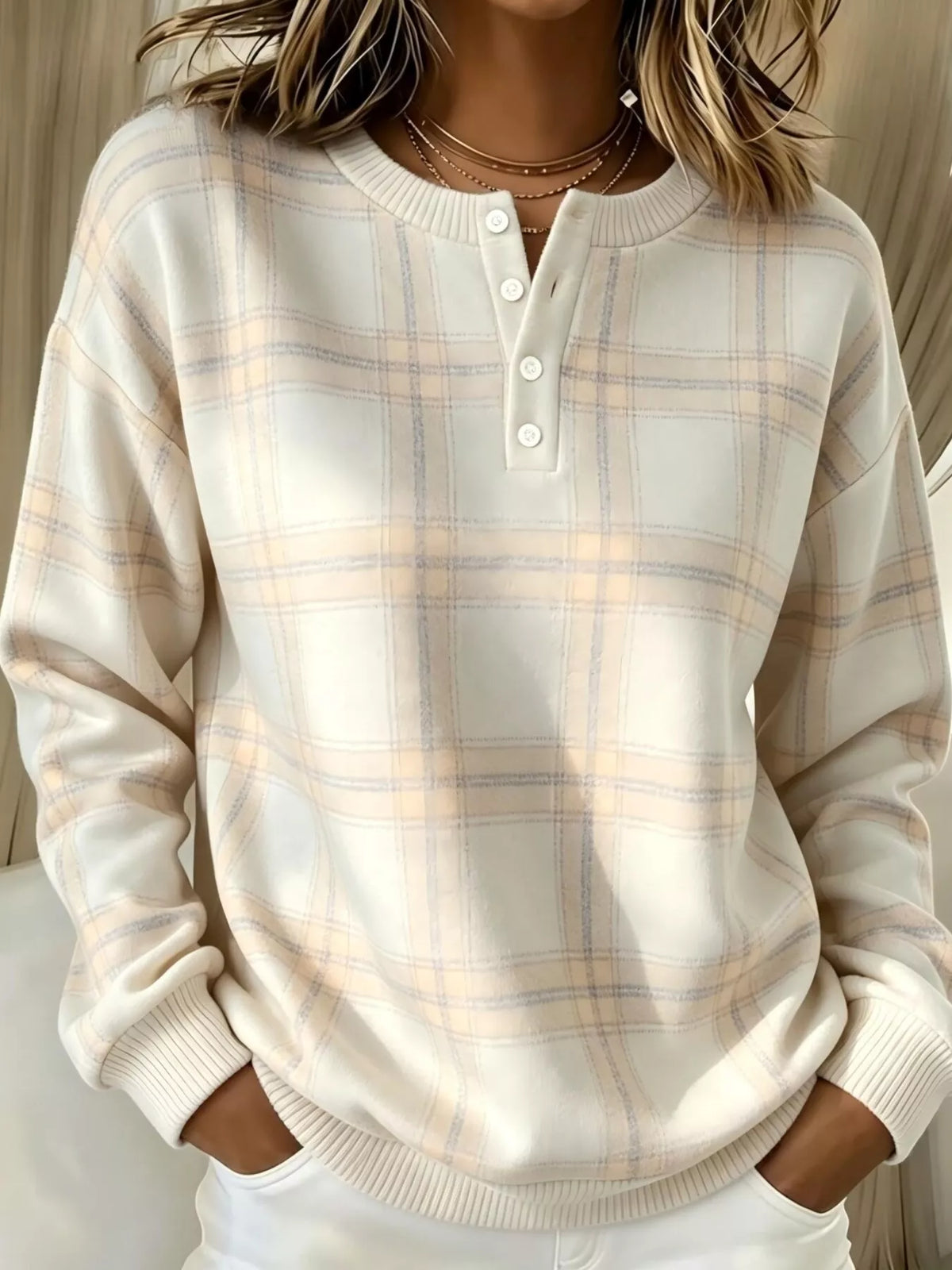 Full Size Plaid Button Detail Long Sleeve Sweatshirt Plus Size