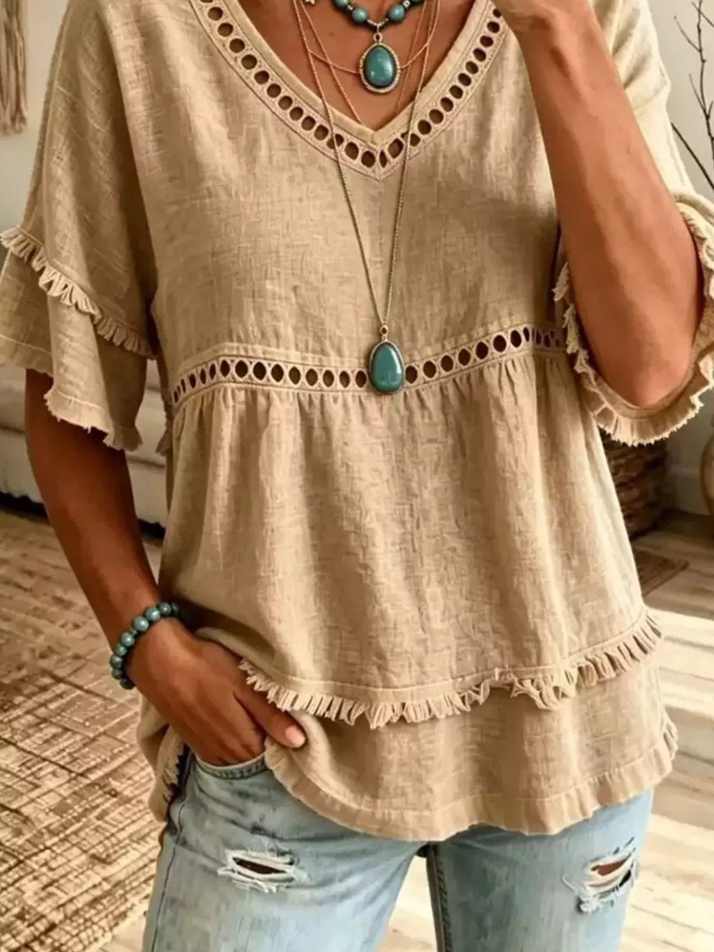 Eyelet V-Neck Frayed Edge T-Shirt