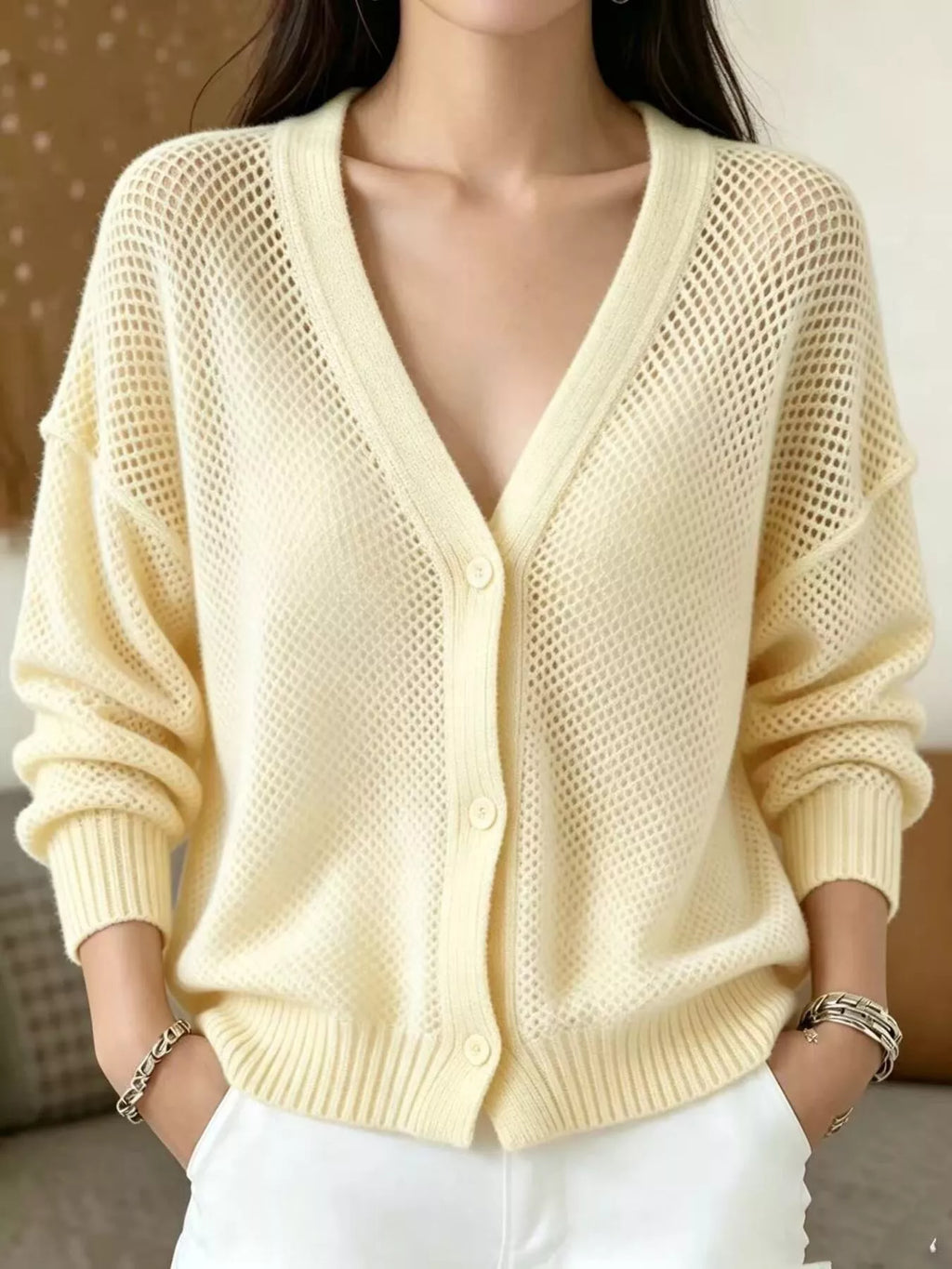 V-Neck Open-Knit Button-Down Cardigan