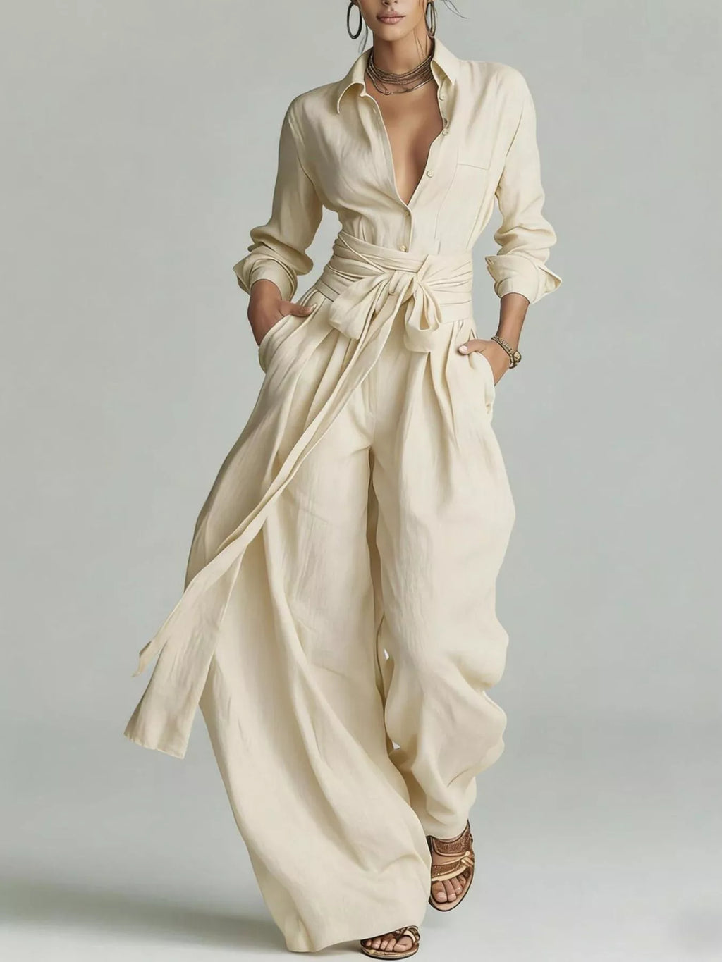 Long-Sleeve Button-Down Waist-Tie Jumpsuit