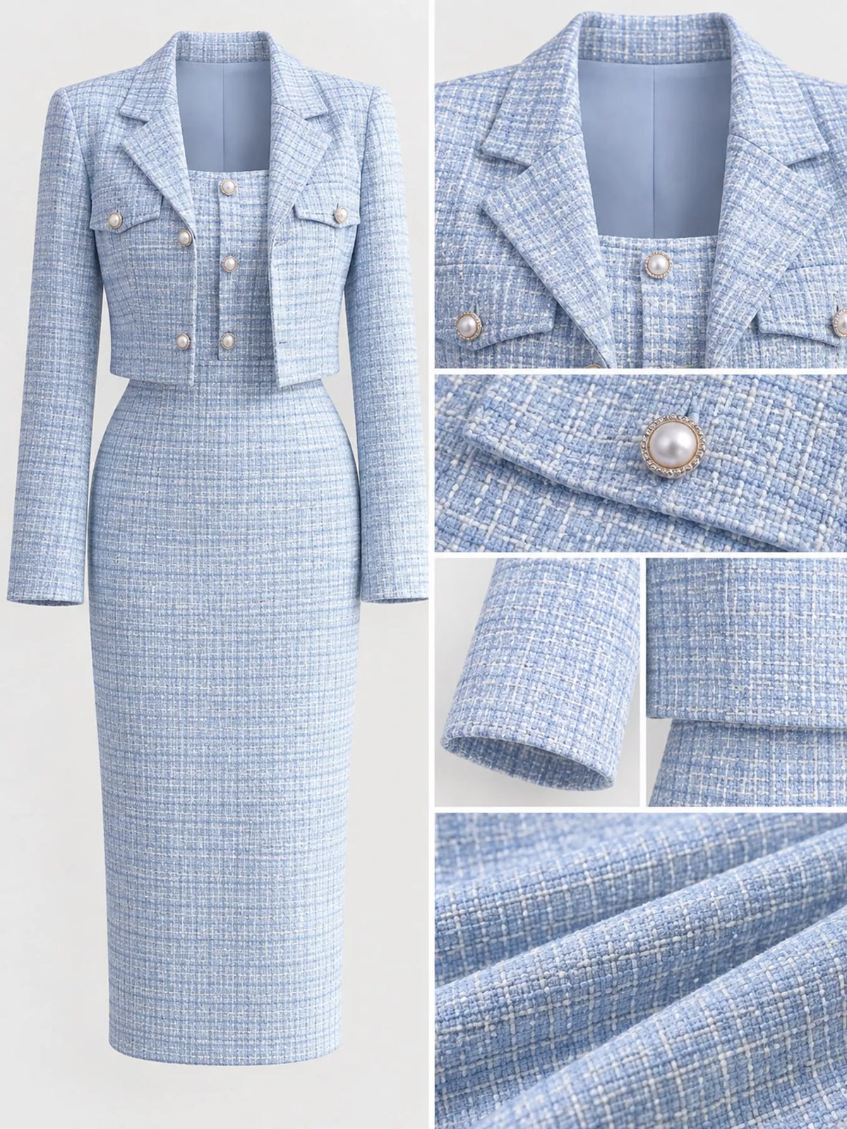 Tweed Square Neck Dress and Cardigan Set
