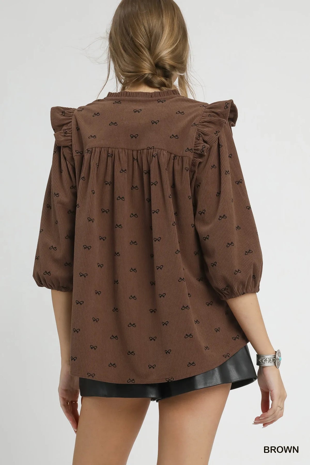 Umgee Bow Print Corduroy Puff Sleeve Blouse with Ruffled