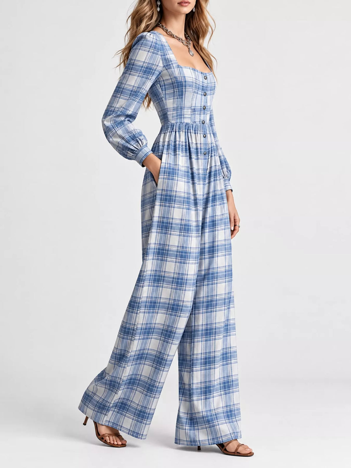 Plaid Square Neck Long Sleeve Wide-Leg Jumpsuit