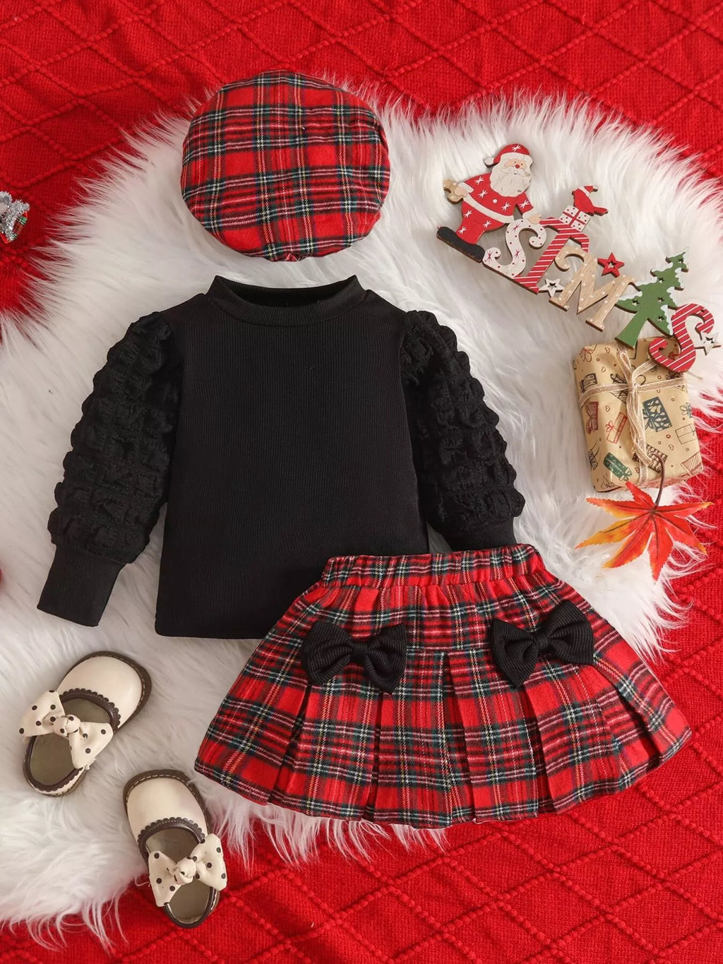 Children's Puff Sleeve Top and Plaid Skirt Set with Hat