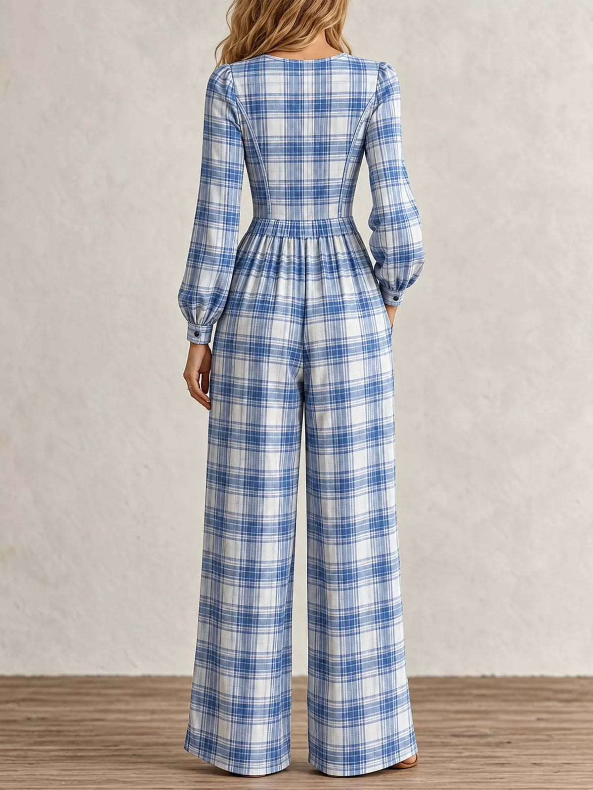 Plaid Square Neck Long Sleeve Wide-Leg Jumpsuit