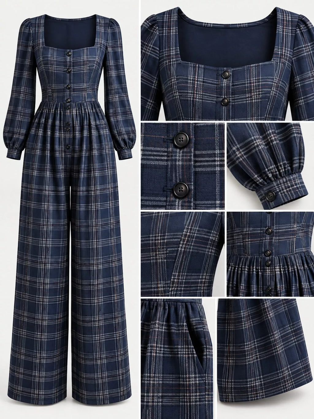 Plaid Square Neck Long Sleeve Wide-Leg Jumpsuit