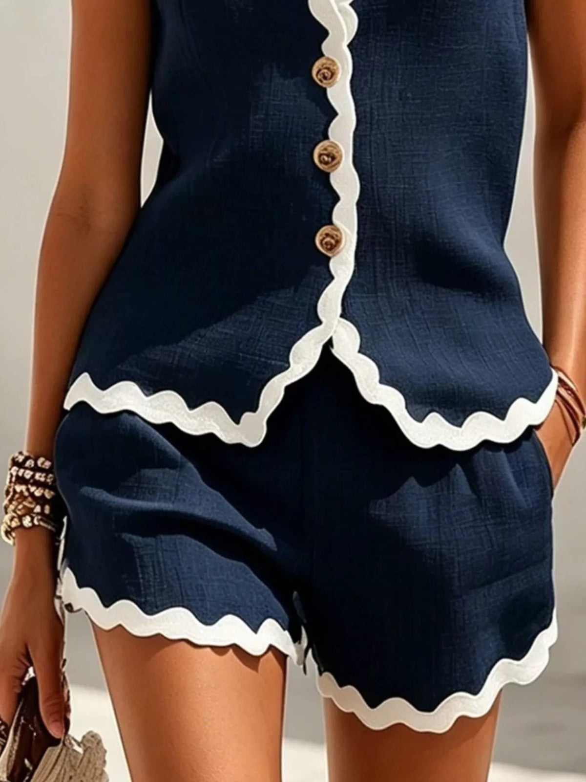 Full Size Contrast Scalloped Trim Sleeveless Top and Shorts Set Plus Size