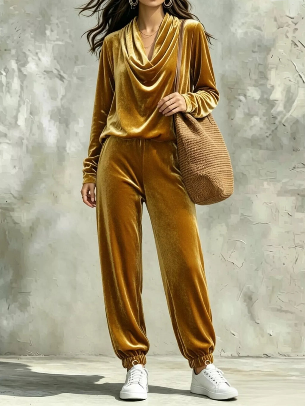 Full Size Velvet Cowl Neck Top and Pants Set Plus Size