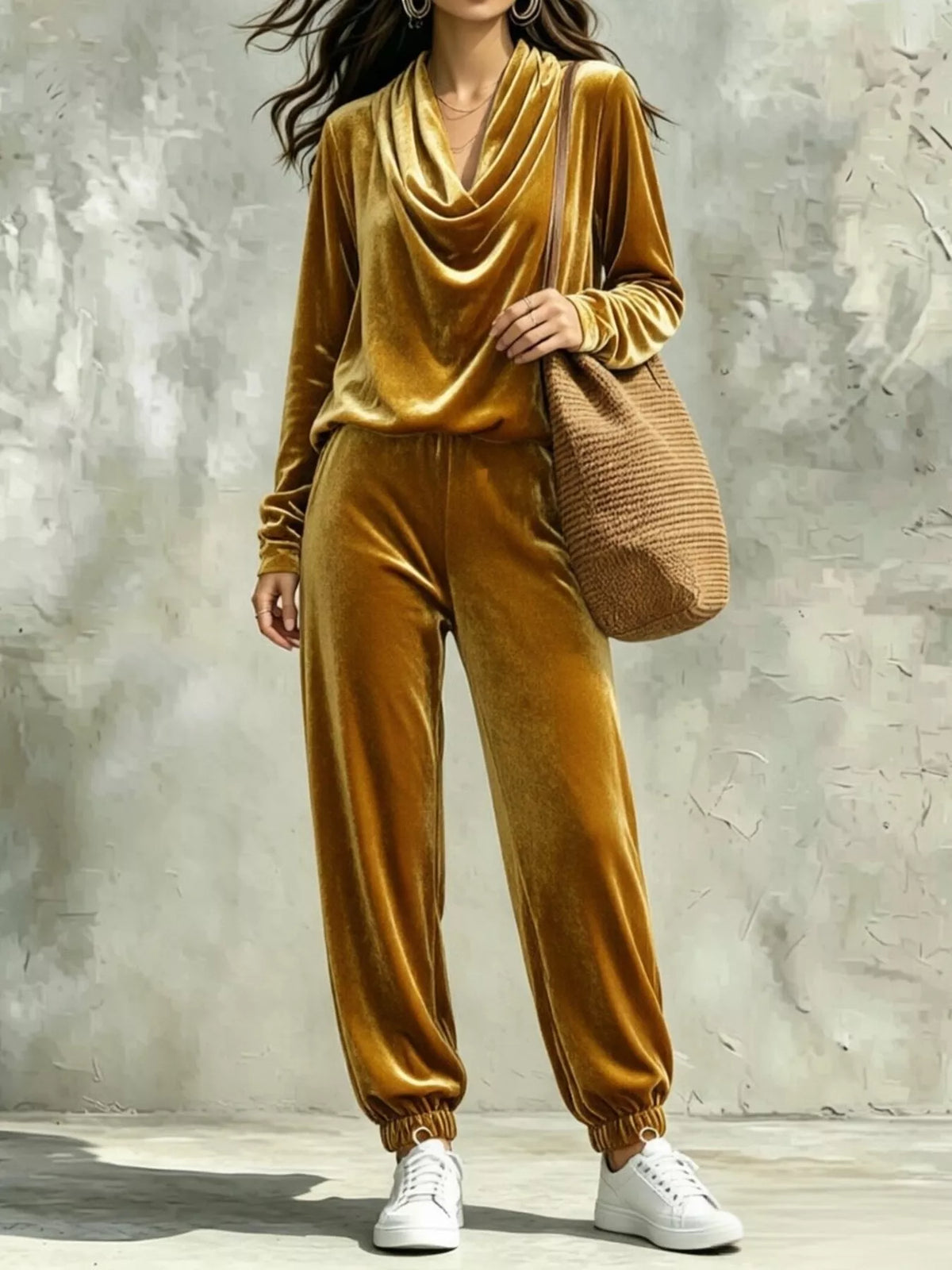 Full Size Velvet Cowl Neck Top and Pants Set Plus Size