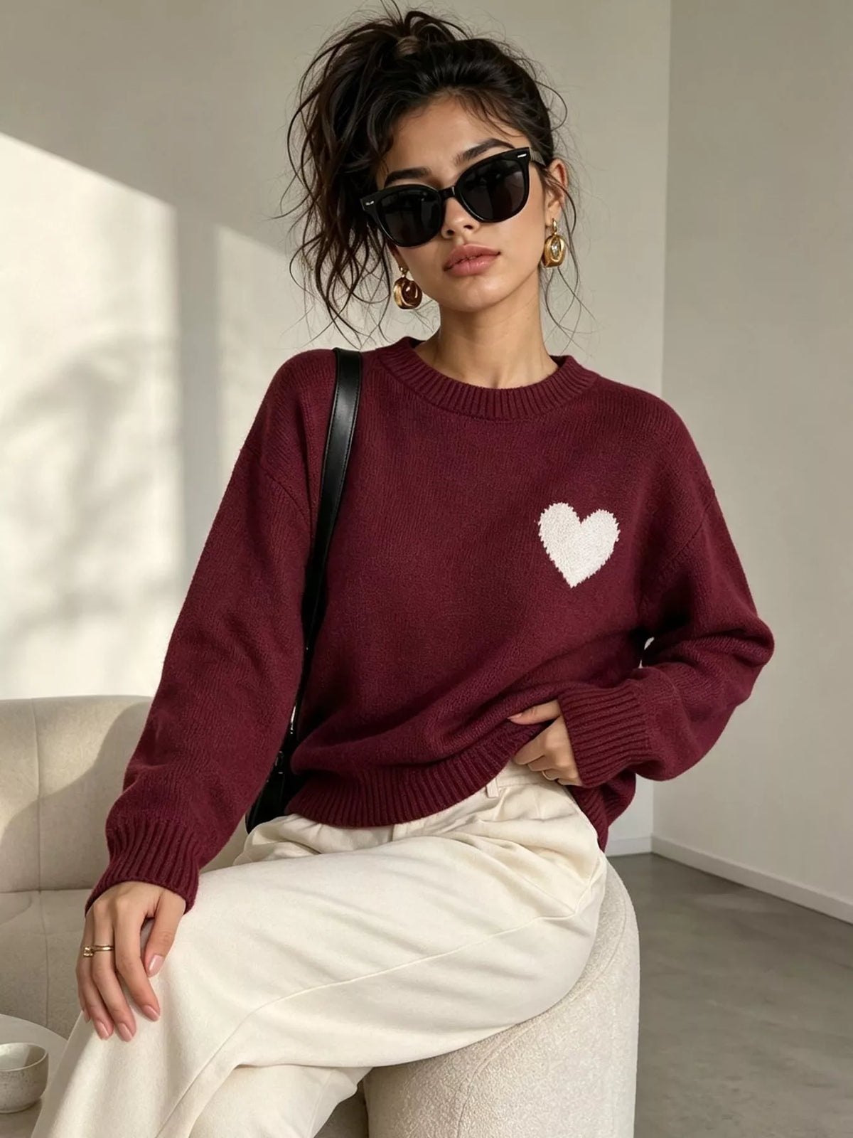 Heart Pattern Round Neck Sweater