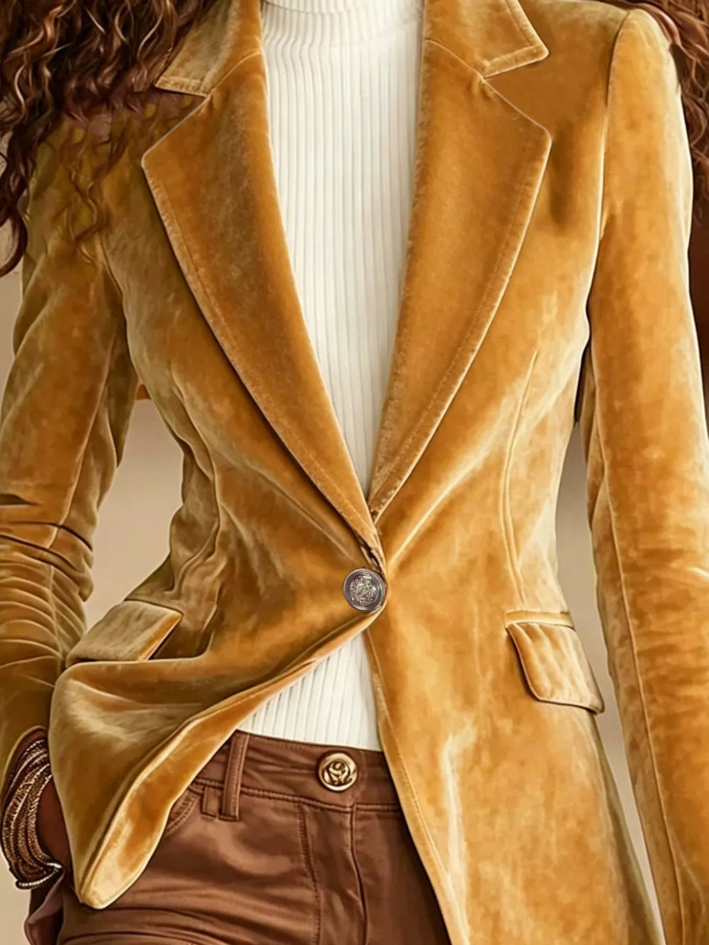 Velvet One-Button Long Sleeve Blazer
