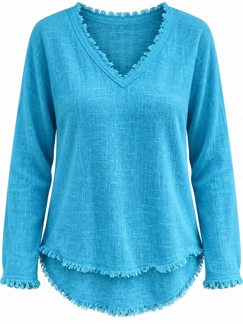 Full Size Frayed Hem V-Neck Long Sleeve Blouse Plus Size