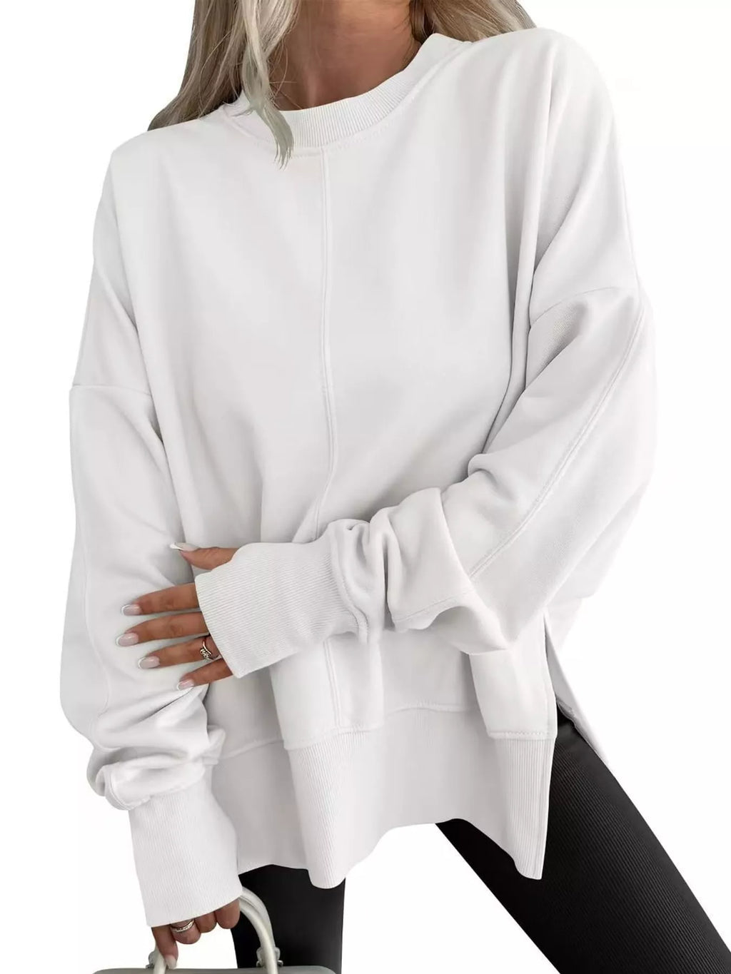 Oversized Crew Neck Sweatshirt with Side Slit