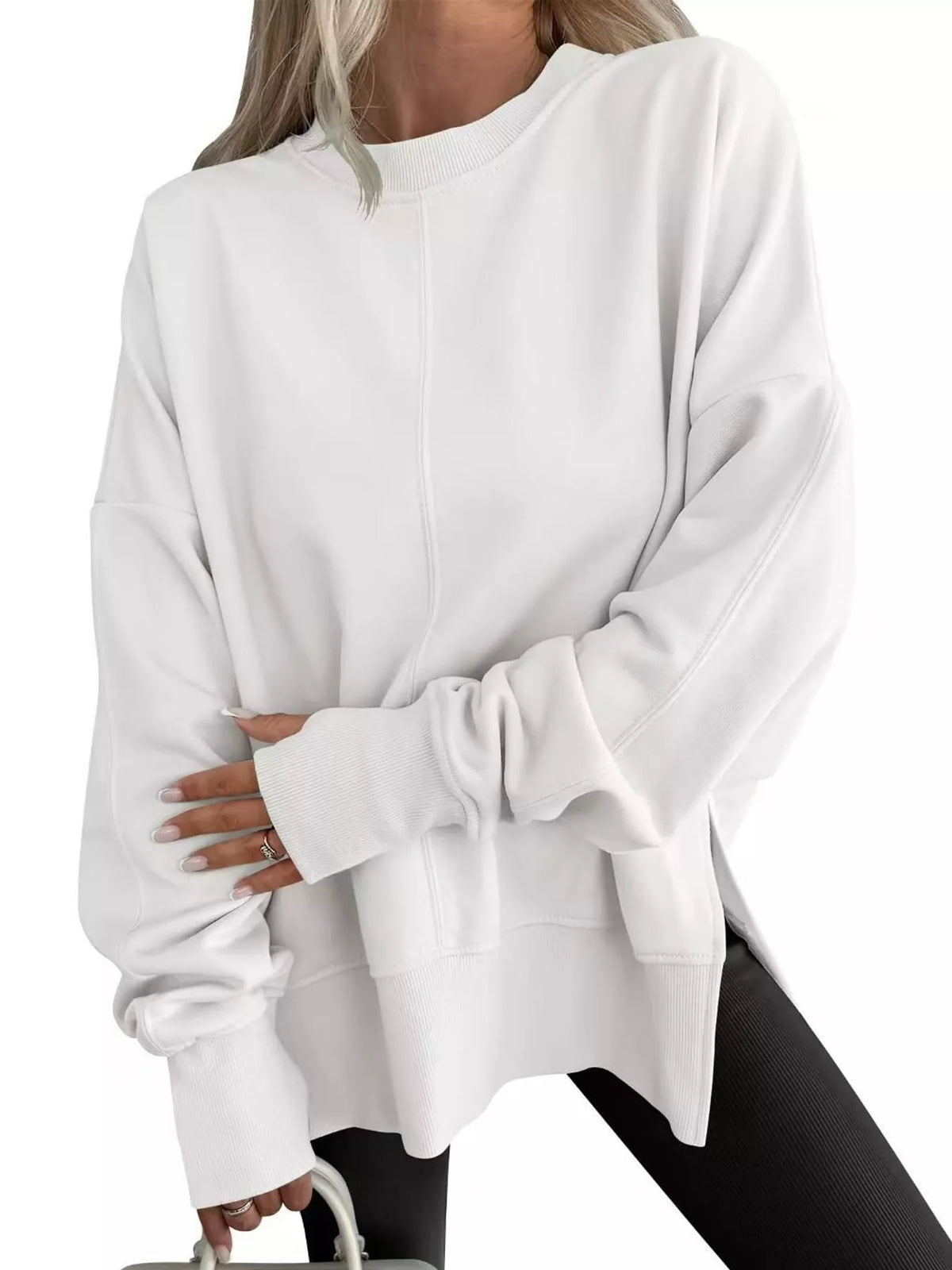 Oversized Crew Neck Sweatshirt with Side Slit