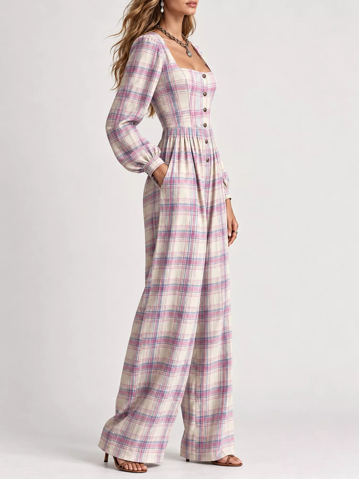 Plaid Square Neck Long Sleeve Wide-Leg Jumpsuit