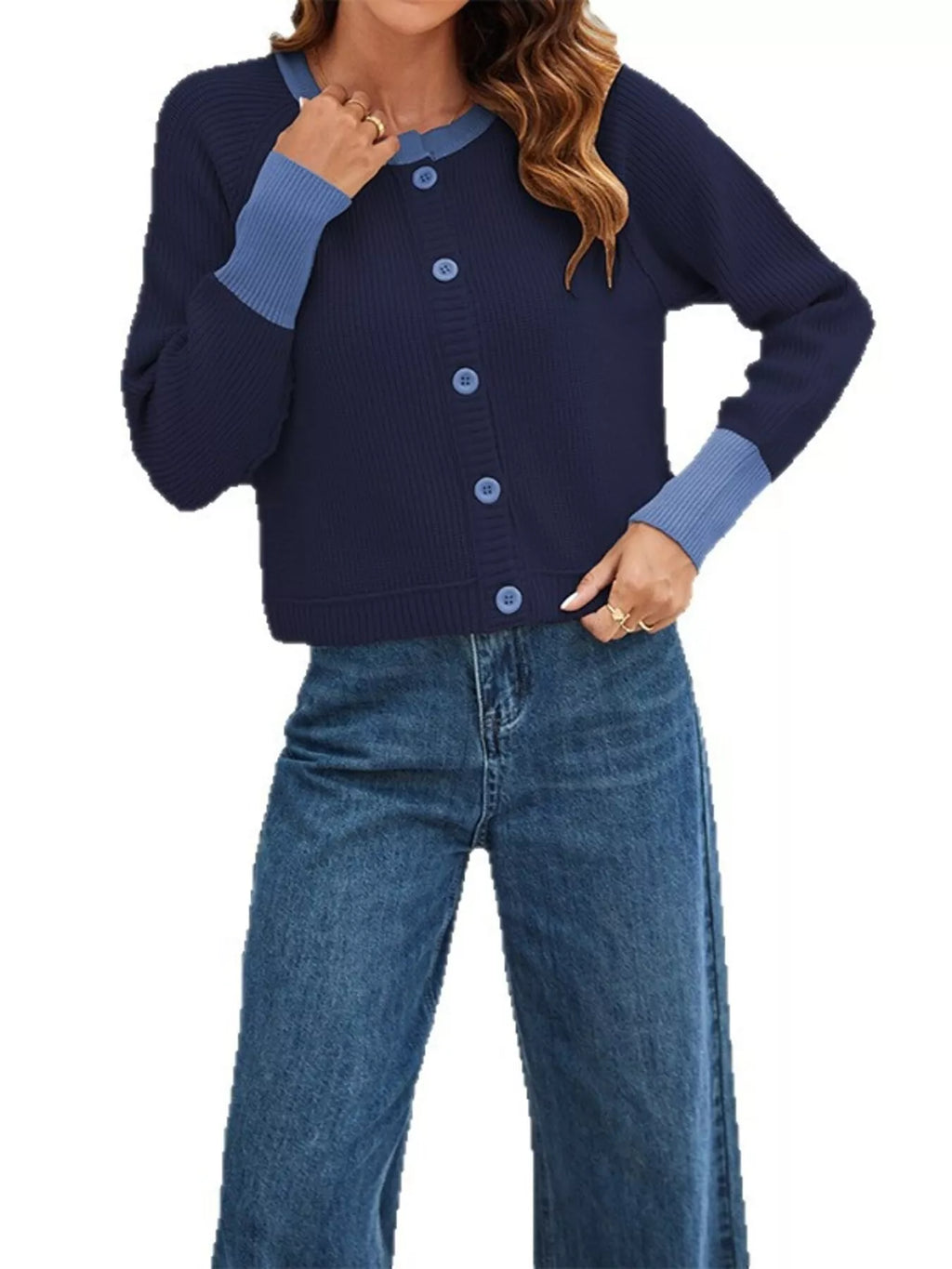 Color Block Ribbed Knit Button-Front Cardigan
