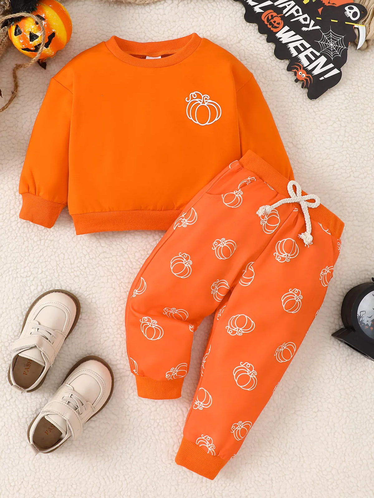 Children's Halloween Pumpkin Print Long Sleeve Sweatshirt and Pants Set