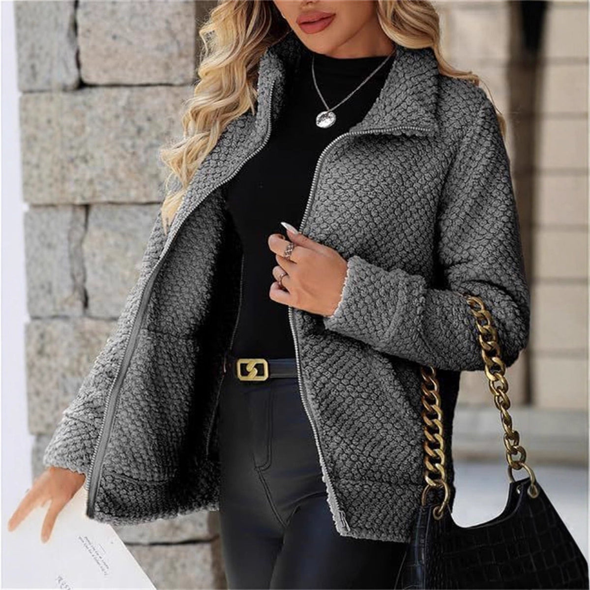 Women's Padded Fleece-Lined Zip-Up Jacket With Pocket And Lapel