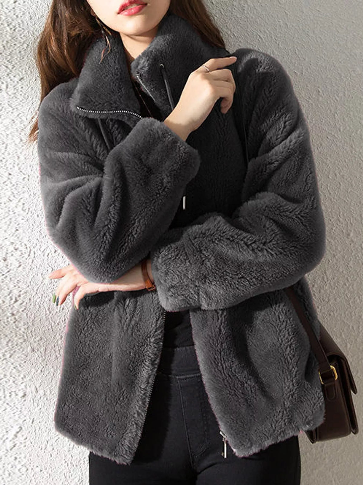 Full Size Drawstring Faux Fur Stand-Collar Zip-Up Outerwear Plus Size