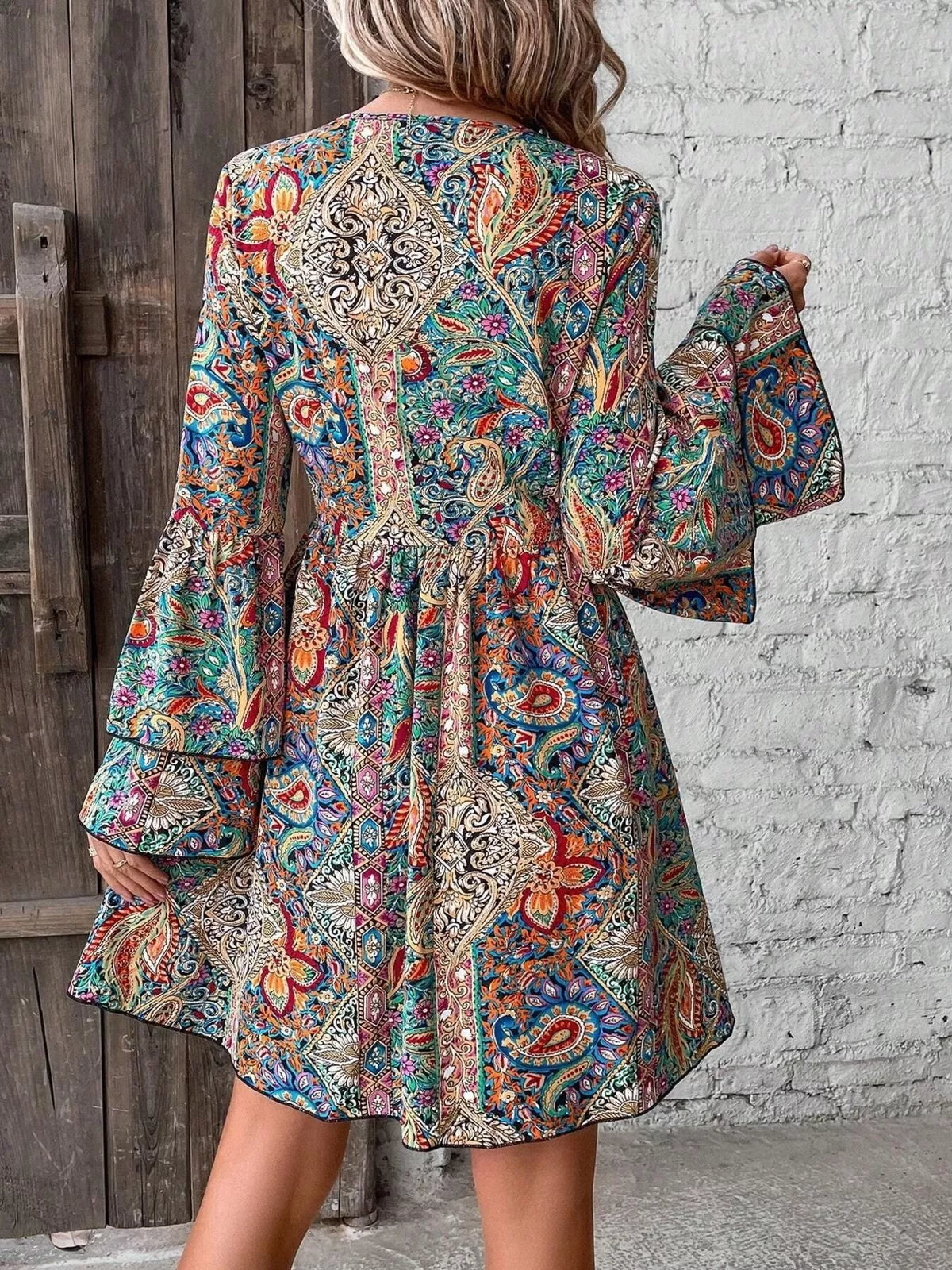 Paisley Print V-Neck Bell Sleeve Mini Dress