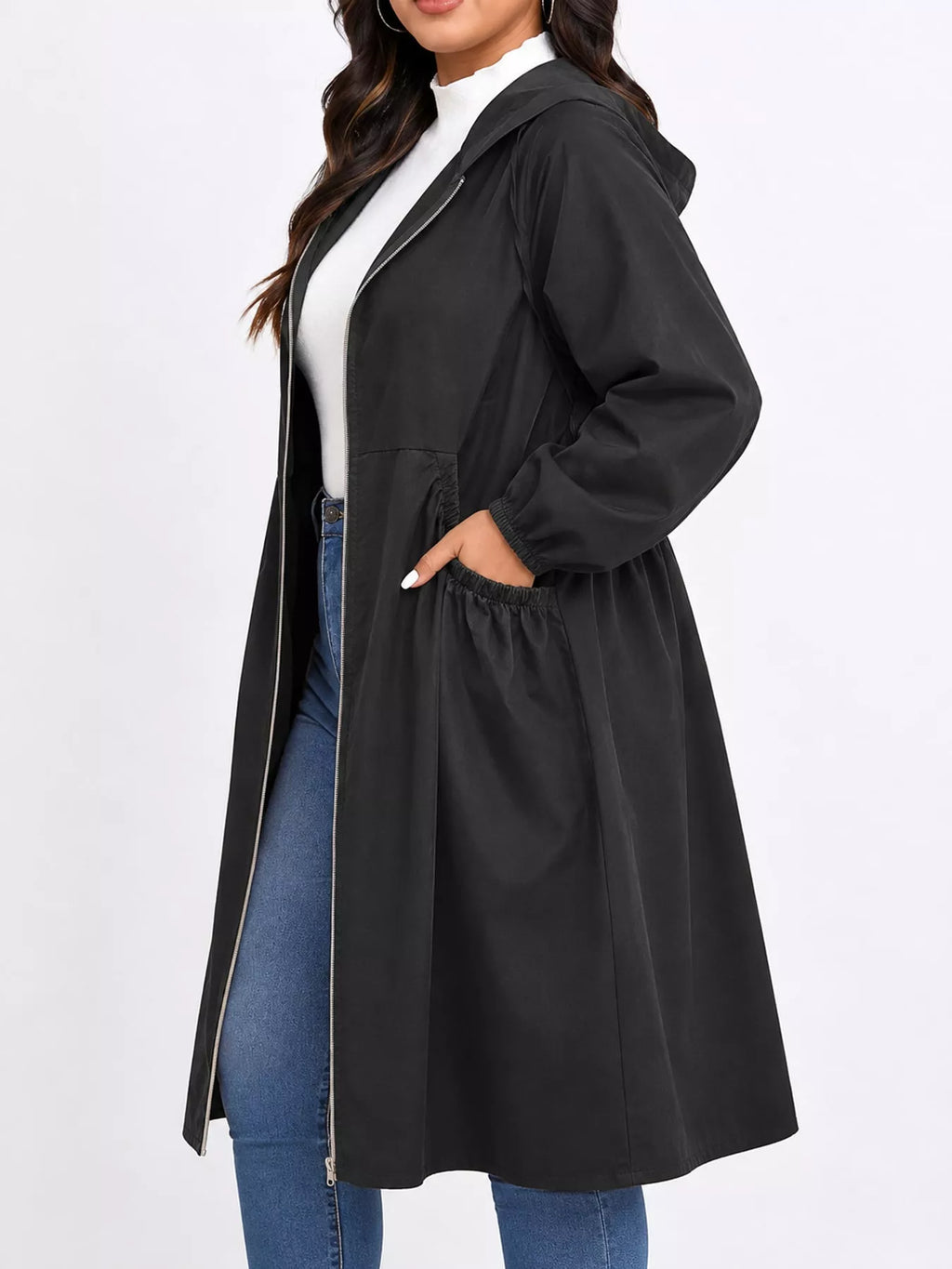 Plus Size Hooded Zip-Up Longline Windbreaker Outerwear