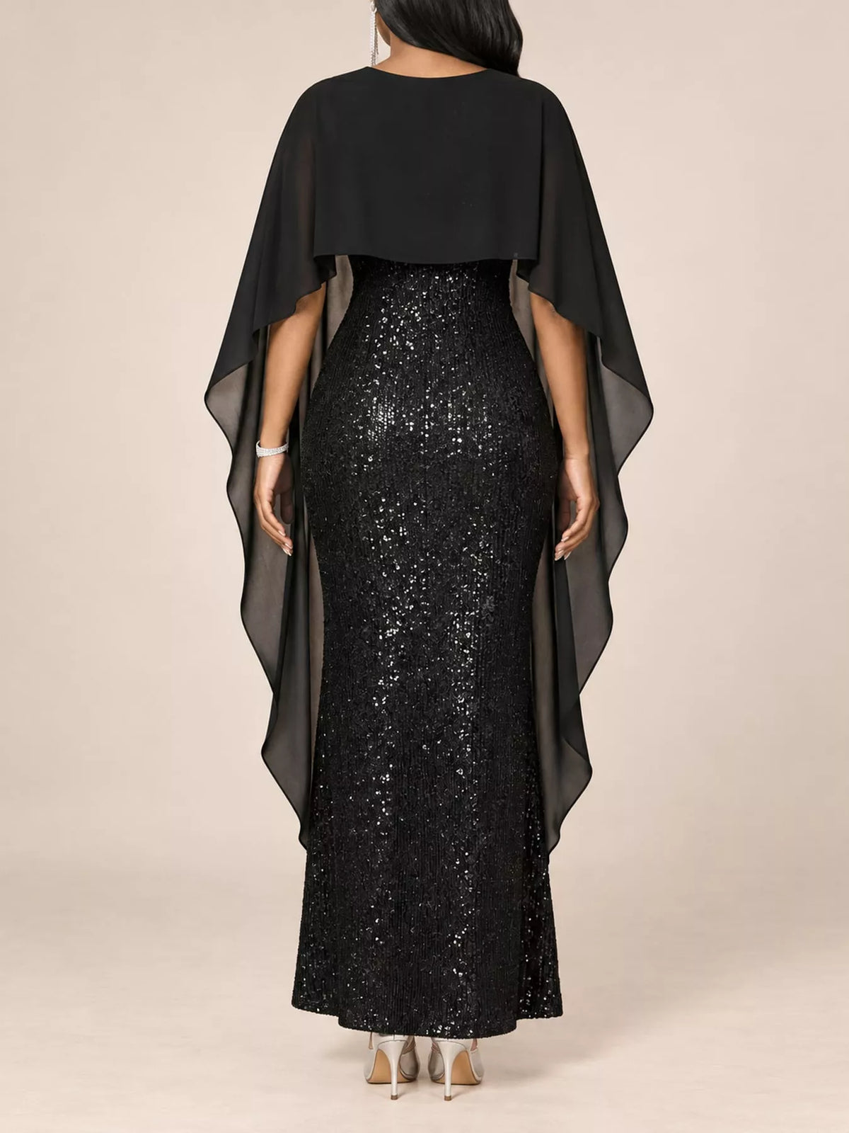 Sequin Cape Overlay Evening Dress