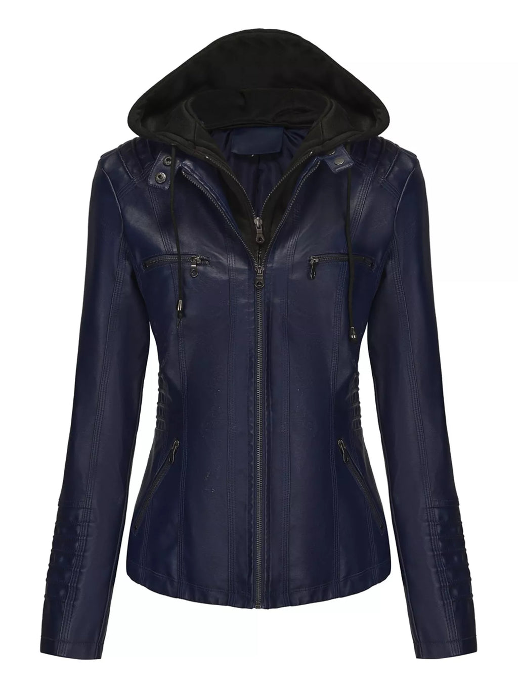 Full Size Detachable Hooded Faux Leather Moto Jacket Plus Size