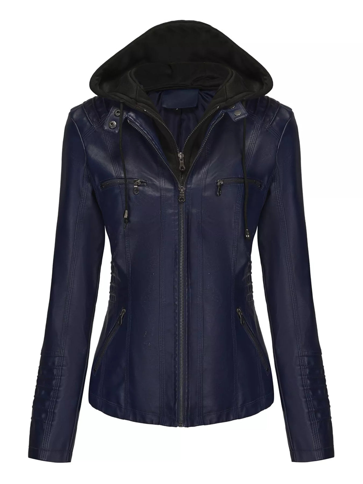 Full Size Detachable Hooded Faux Leather Moto Jacket Plus Size