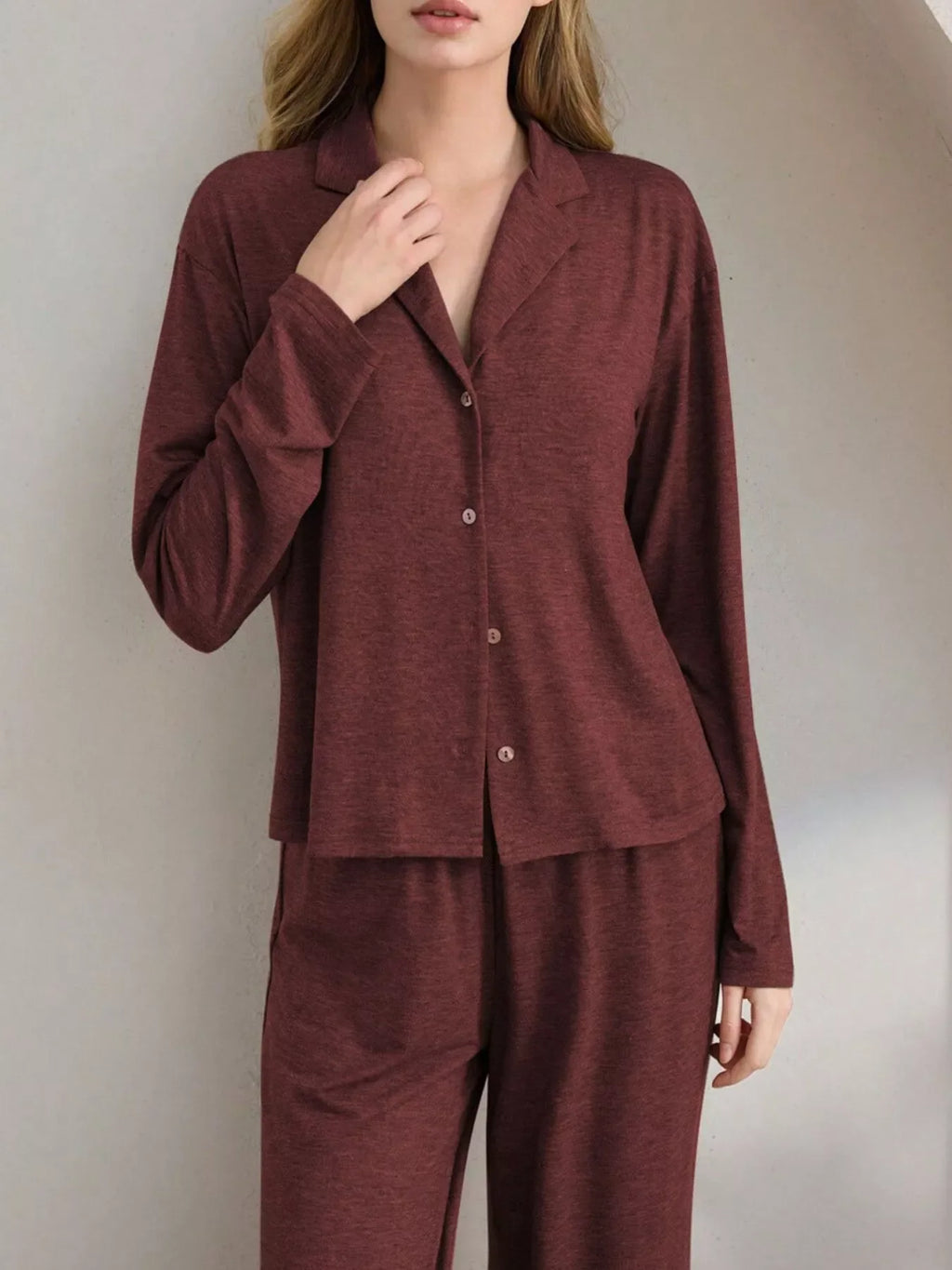 Button-Down Top and Wide-Leg Pants Lounge Set